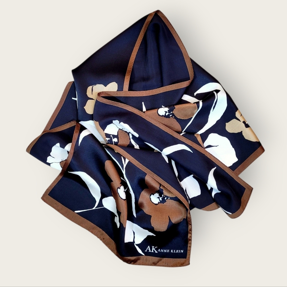Vintage ANNE KLEIN Large Oblong Silk Scarf Floral Black Taupe Brown White